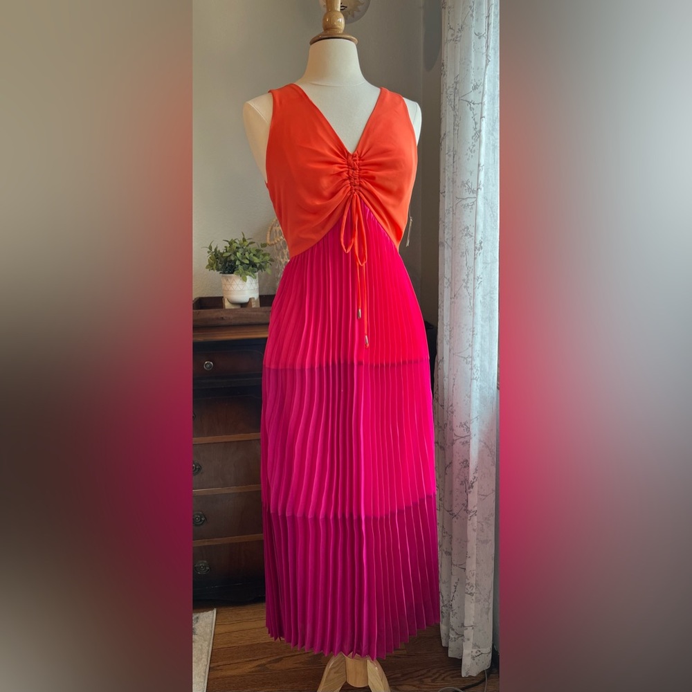 Taylor Pleated Ombré Orange and Pink Dress